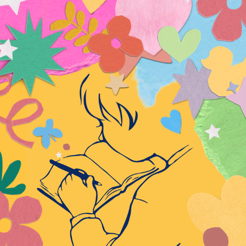Sketch of a person writing in a notebook with colorful shapes.