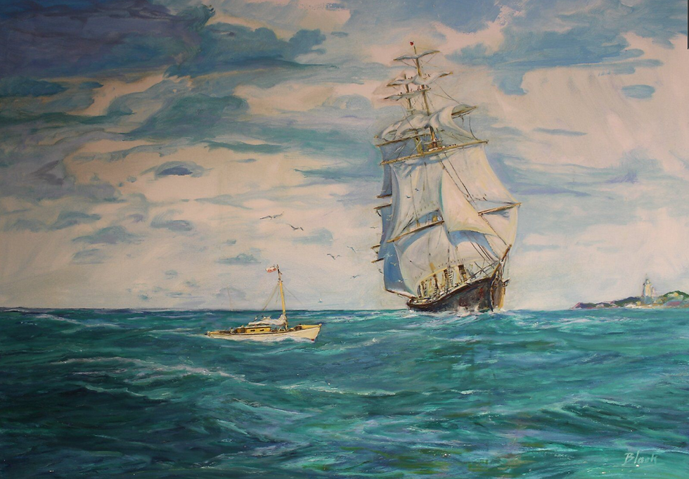 Painting of a tall ship and small boat sailing on choppy seas