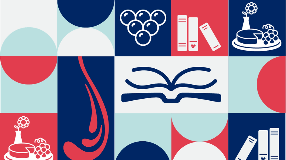 Decorative geometric pattern with books, grapes, cheese, flowers, and wine-themed motifs.