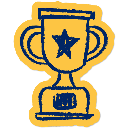 Hand-drawn yellow trophy with a blue star and outline.