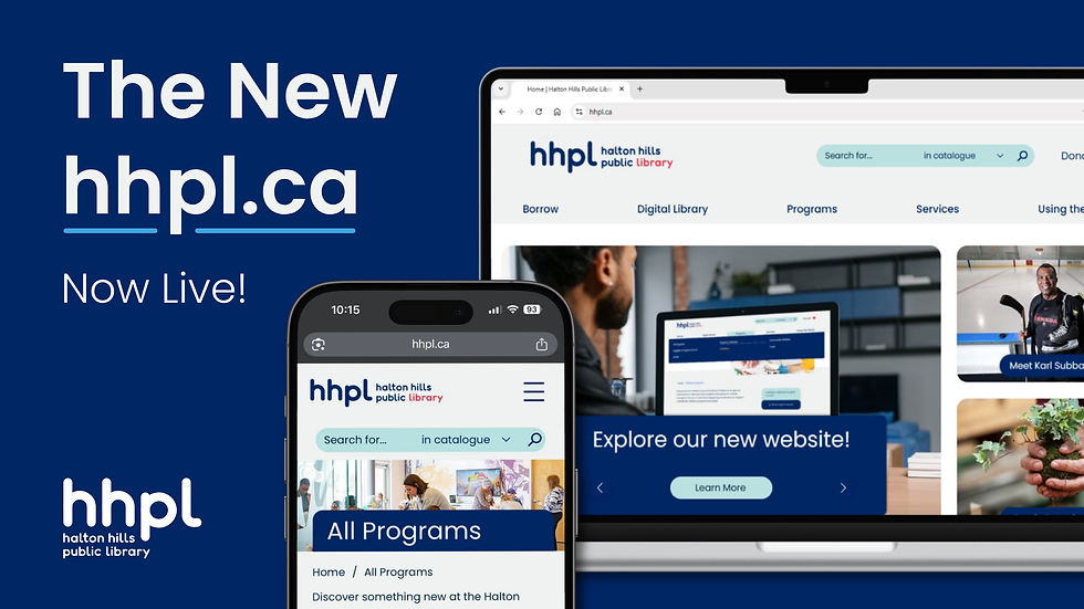 New hhpl.ca website live. Shows library's site on a phone and laptop screen. Text: "The New hhpl.ca Now Live!" Blue background.