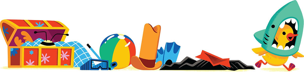 Treasure chest, beach ball, swim fins, and duck in shark hat