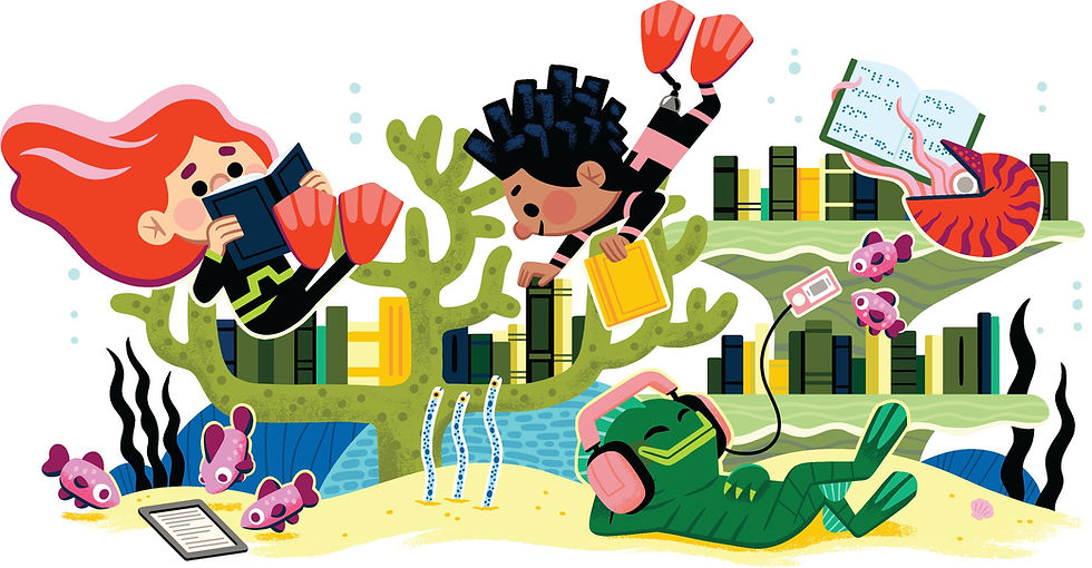 Children snorkeling and reading books underwater.