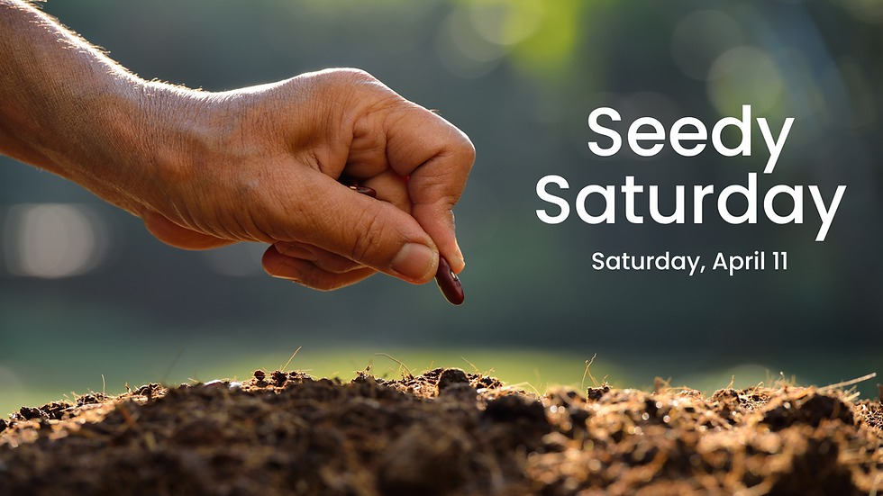 Hand planting a seed in soil with blurred green background. Text reads: "Seedy Saturday, Saturday, April 11." Warm, earthy tones.