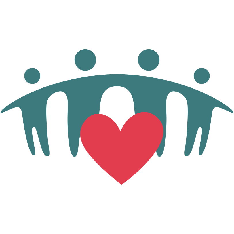 Four stylized figures holding hands above a red heart