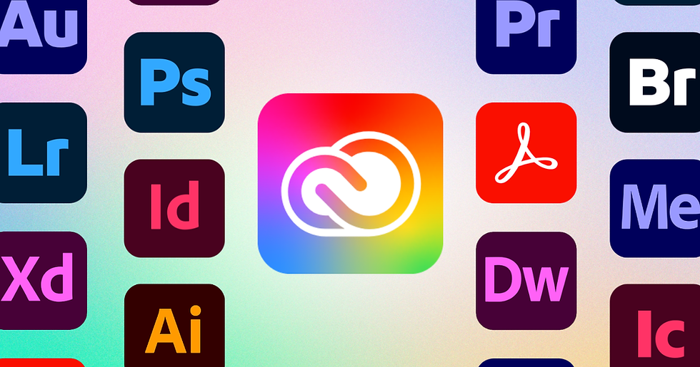 A series of adobe app icons on a screen, with the creative cloud logo in the middle.