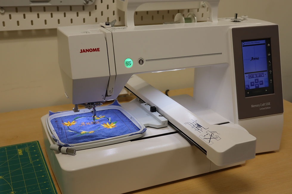 An embroidery machine on a desk creating an image.