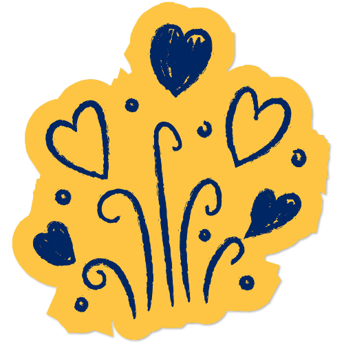 Stylized blue hearts and swirls on a yellow background.