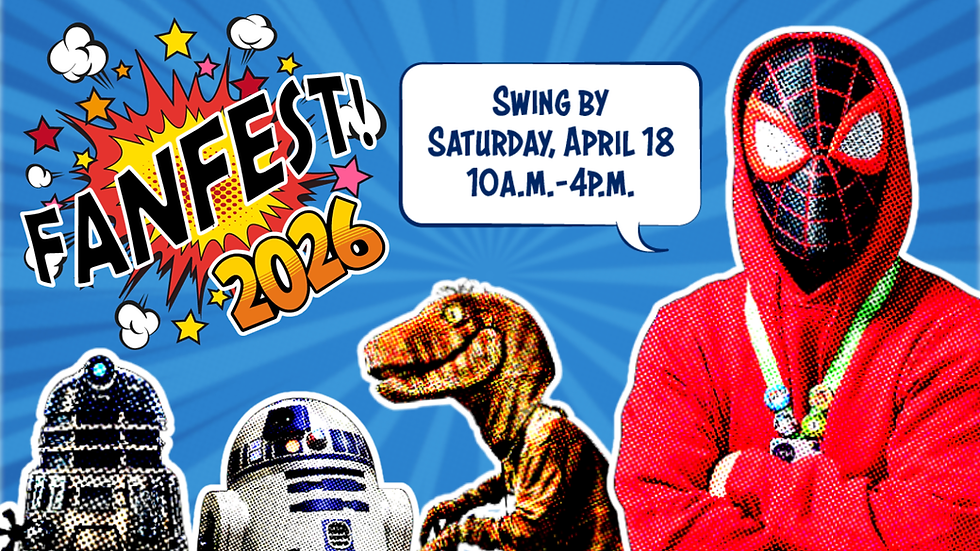 Comic-style poster for Fanfest 2026 with a superhero in a red hoodie, robots, and a dinosaur. Text bubble announces April 18 event.