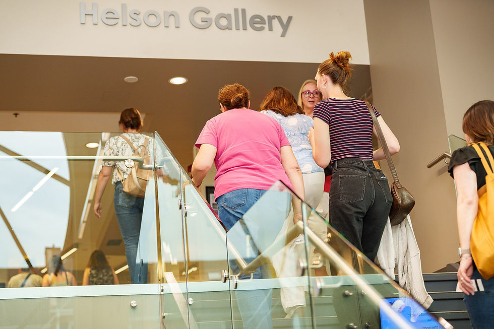 People walking up stairs at Helson Gallery entrance.