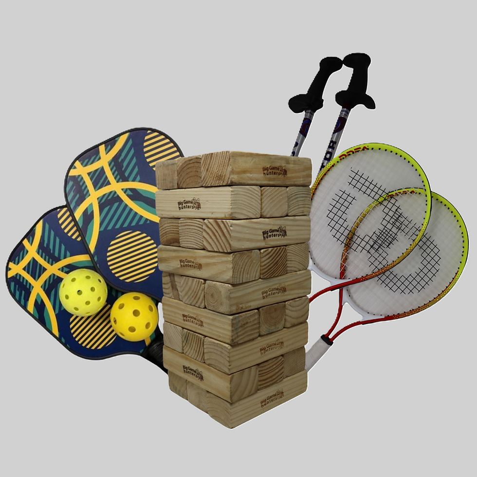 A pickle ball set, giant jenga, walking poles, and a set of tennis rackets.