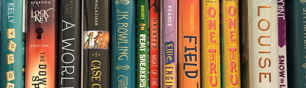 Colorful book spines, including 'A World' and 'JK Rowling'