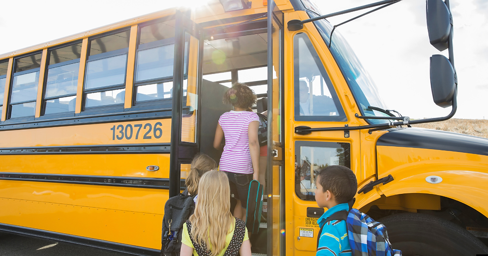 Children boarding a yellow school bus with backpacks.