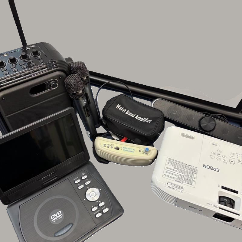 A DVD player, karaoke machine, waist amplifier, wired speaker, projector and screen,