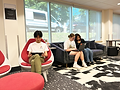 Three teens seated on chairs and a couch in a teen lounge, using a laptop and a Steam Deck