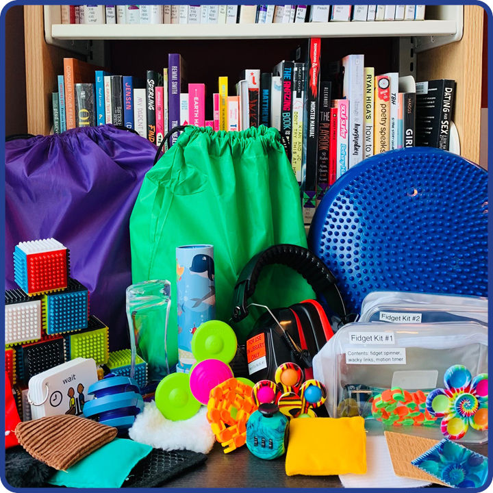 A collection of colorful sensory items and tools for borrowing